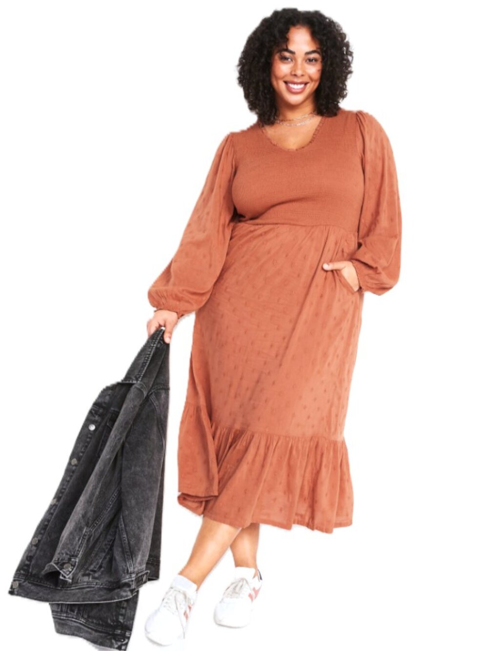 OLD NAVY Long-Sleeve Fit & Flare Smocked Clip-Dot Midi Dress. Plus Size 3X